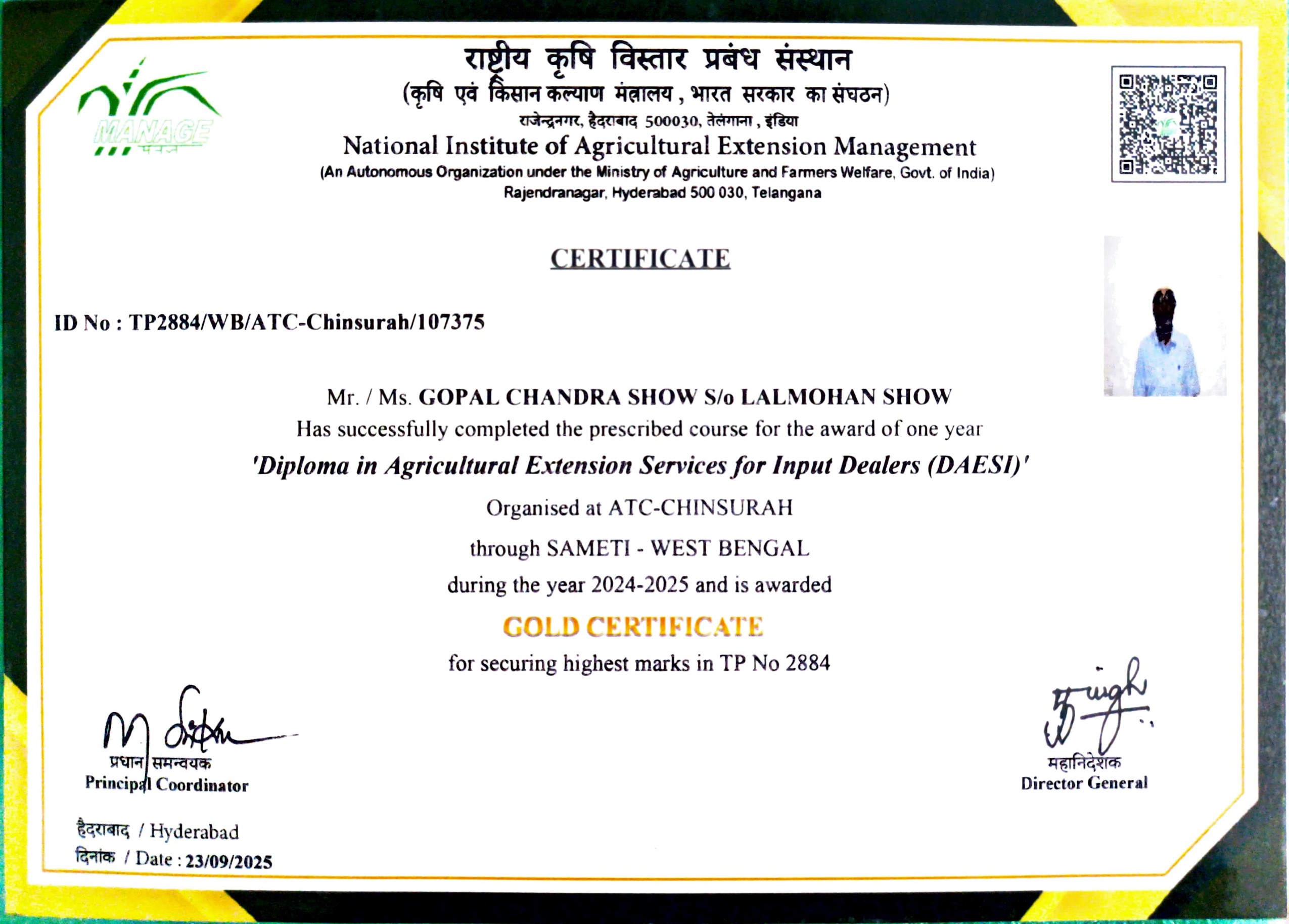 DAESI Gold Certificate — Highest Marks