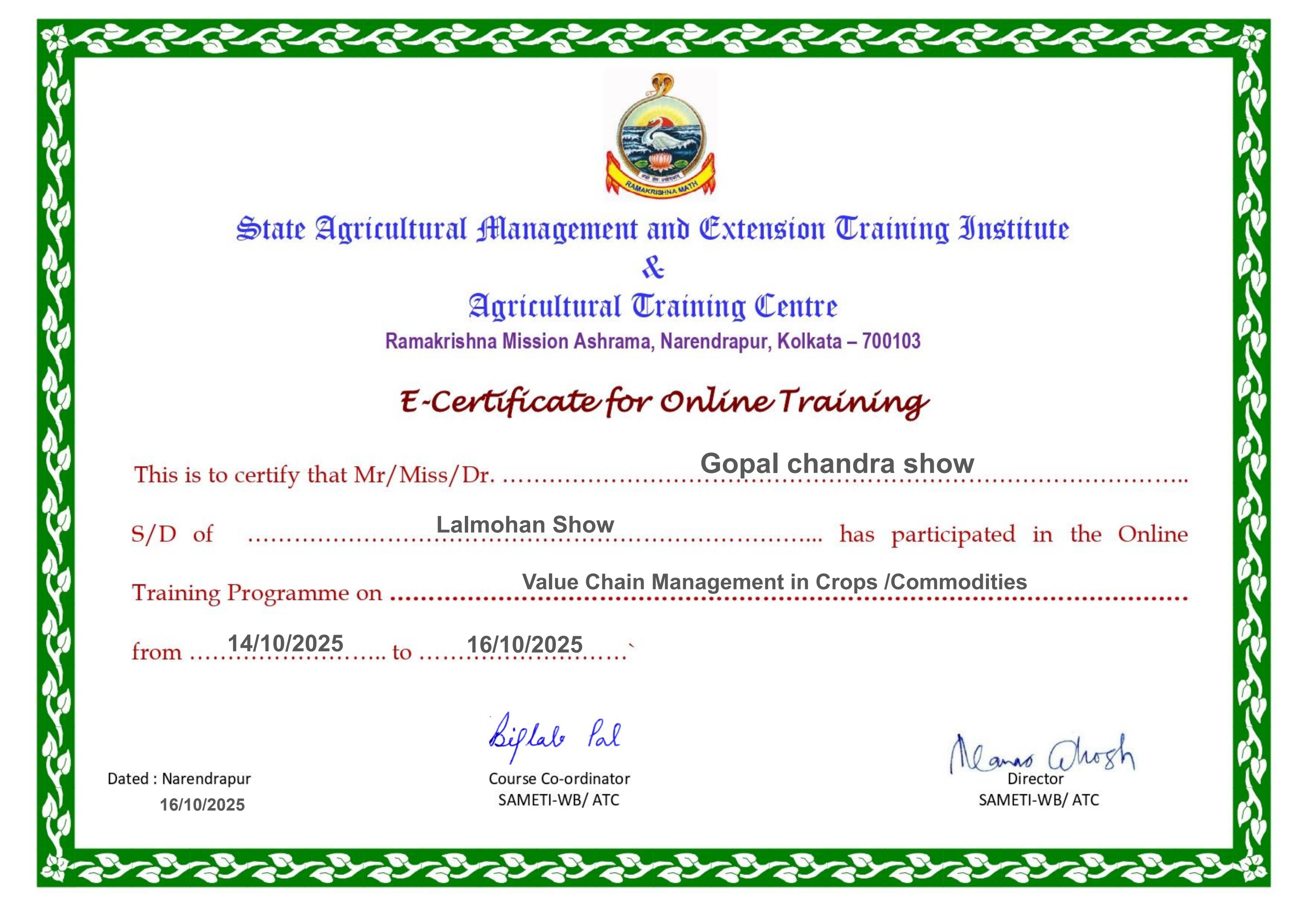 SAMETI Certification — Value Chain Mgmt.